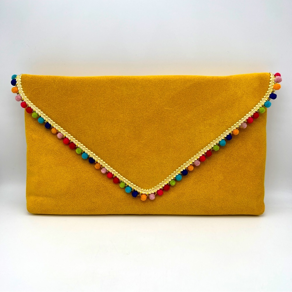 EXUMA / ANTHRO Leather Convertible Envelope Clutch - Yellow w Colorful Mini Poms